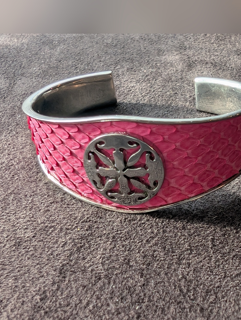 Rustic Cuff Pink Textured Cuff Bracelet with Silver Medallion
